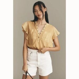 Anthropologie V-Neck Ruffle-Sleeve Knit Cropped Blouse Top Cinched Hem S 284370